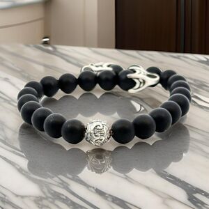 David Yurman Estate Matte Onyx Carved Prayer Beads Bracelet 8.5" Silver DY533